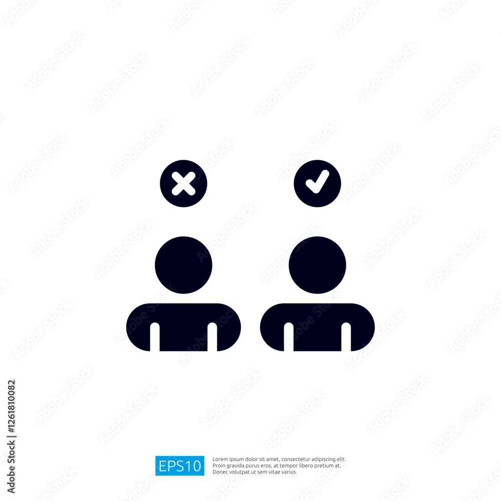 Poster two stylized figures, one marked with a cross and the other with a check, symbolizing approval and d