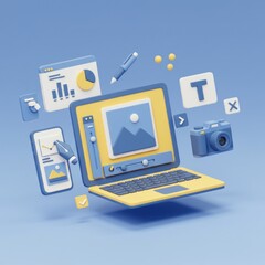 Cartoon Laptop with Photo Editing Application, Camera and Design Elements