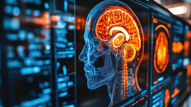Detailed MRI scan of a human brain displayed on a computer screen, showcasing intricate neural pathways and structures