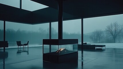 Fototapeta premium Modern Minimalist Home Interior with Fireplace and Winter View
