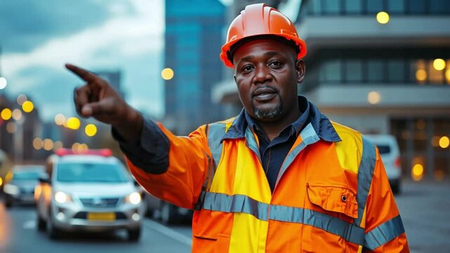 Construction Worker Directing Traffic: A focused construction worker in a high-visibility vest and hardhat directs traffic on a bustling city street, his hand outstretched in a clear directive.