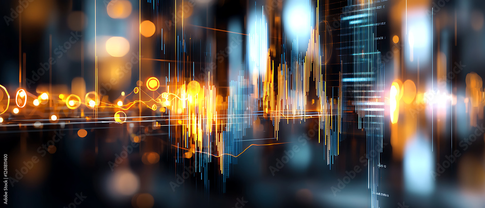 Poster dynamic sound waves visualization digital studio abstract art urban environment close-up view techno