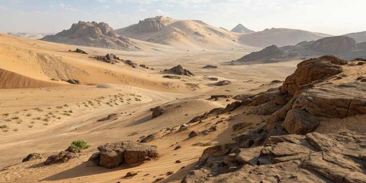 Desert terrain with rolling sand dunes and rocky outcroppings, rugged landscape, bashing