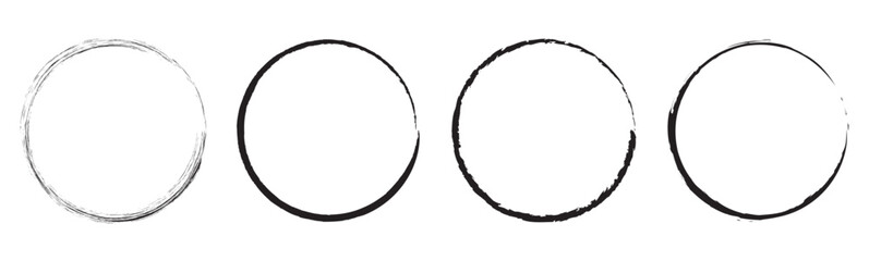Brush circles. grunge circles. Brush circles. Watercolor texture. Ink circles. Black grunge round shapes. Brush strokes frames elements, frames for design. Vector isolated on white background. 