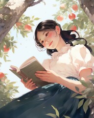 Serene Young Woman Lost in a Book Under a Fruit Tree Relaxing Outdoors With Tranquil Smile