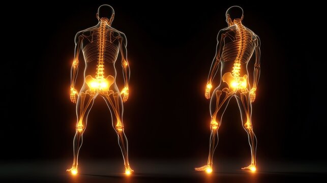 3D render of human skeleton highlighting joints.