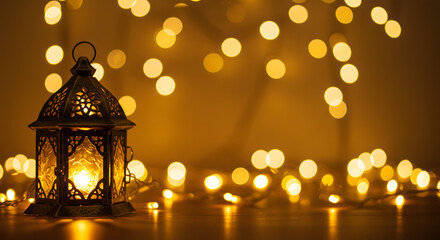 Obraz premium Warm golden lights festive ramadan lantern illuminated night festive decor cozy atmosphere home decoration traditional on transparent background dark