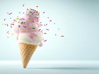 Delicious pink ice cream cone with colorful sprinkles, a sweet summer treat 