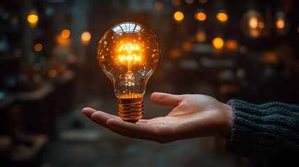 A glowing incandescent light bulb floating above an open hand in a dimly lit background with a warm golden glow, symbolizing innovation, creativity and bright ideas in a conceptual artistic setting.