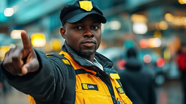 Security Officer on Duty: A focused security officer, in a yellow jacket and black cap, gives a clear signal, standing guard amidst the blurry urban backdrop.