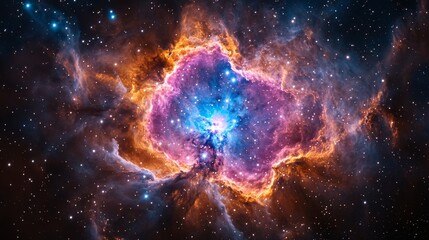 A breathtaking nebula with deep purple, pink, and blue hues, surrounded by glowing cosmic dust. This mesmerizing celestial formation captures the beauty of the universe and the wonders of deep space.