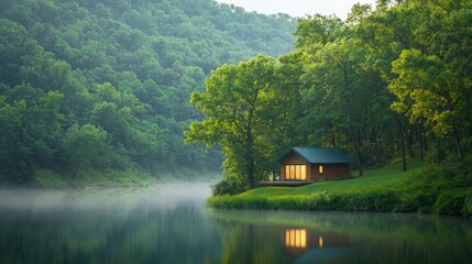 Fototapeta premium Tranquil lakeside cabin retreat, a serene island escape for nature lovers 