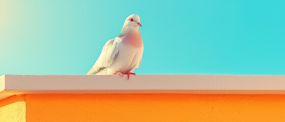 Pigeon on colorful rooftop urban setting animal bright environment birdwatching concept