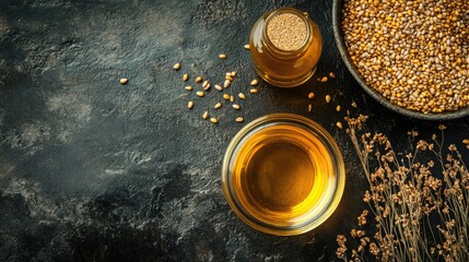 A glass bottle of golden sunflower oil placed beside a bowl of sunflower seeds.