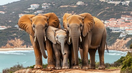 Fototapeta premium African Elephant Family on the Coast: A Stunning Wildlife Scene