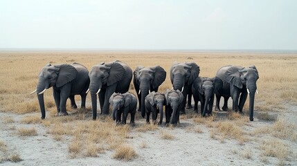 Naklejka premium Majestic African Elephant Family in the Savanna: A breathtaking wildlife scene of elephants in their natural habitat. Witness the beauty of nature in this stunning image.