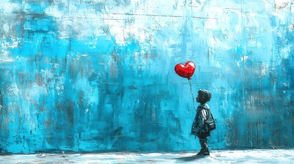 Child Holding Red Balloon By Textured Blue Wall with Multiple Textures