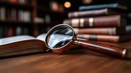 Magnifying Glass Over Open Book on Wooden Table in Library with Stacked Hardcover Books