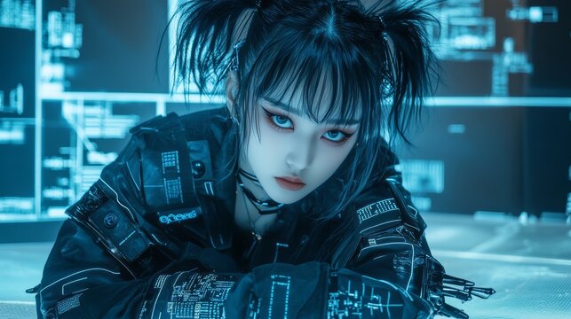 Cyberpunk girl with futuristic attire in a digital interface setting