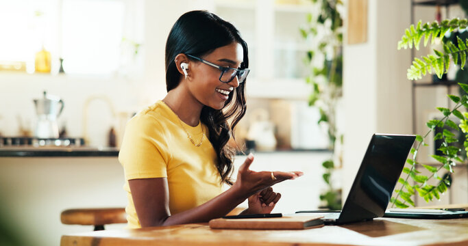 Laptop, happy woman and video call, webinar and elearning for remote education in home. Computer, college student and virtual meeting, talking and earphones for lesson in online class or conference