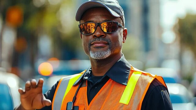 Urban Traffic Controller: A portrait of a focused and serious traffic controller, wearing a bright orange safety vest and sunglasses, directing traffic in a bustling city street.