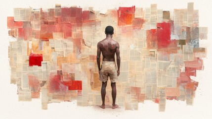 Man immersed in wall of newspapers, a journey through headlines and current events