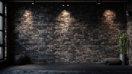 Urban Interior Dark Brick Wall Illuminated by Spotlights With Potted Plant and Cushions Decor