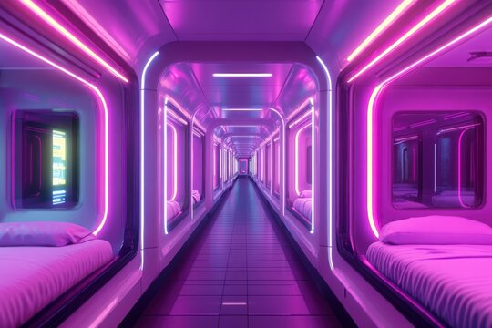 Futuristic sleep pods corridor, neon lights, travel