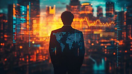 The silhouette of a modern CEO dissolving into AI-driven market analysis, futuristic holographic user interfaces, and a glowing financial world map, cyber-tech-inspired lighting, ultra-HD rendering,
