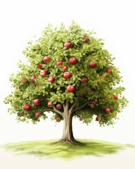 Verdant Apple Tree Loaded with Ripe Red Fruit Standing Tall on Grassy Hill on Bright Day Artwork