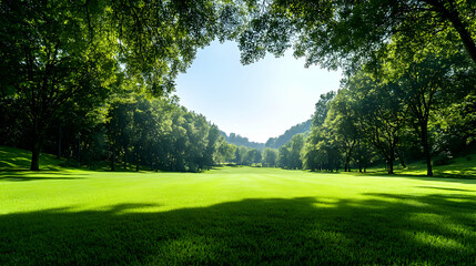 Fototapeta premium Sunny park, green grass, trees, sunlight, peaceful landscape, nature background, website banner