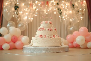 A birthday cake designed to resemble a beautiful wedding cake, surrounded by romantic balloons on an elegantly decorated wedding stage.