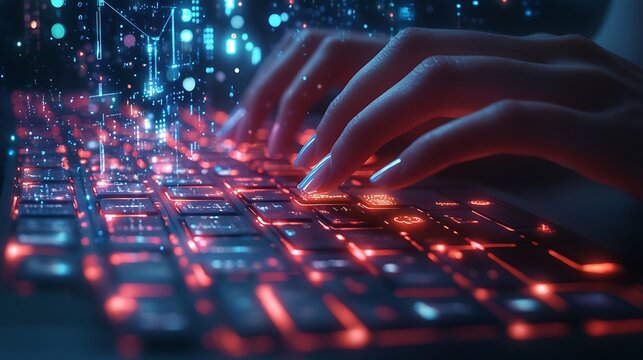 A businesswoman typing on a futuristic keyboard, overlaid with real-time stock market updates and blockchain-powered financial transactions, glowing AI algorithms forming a data web,