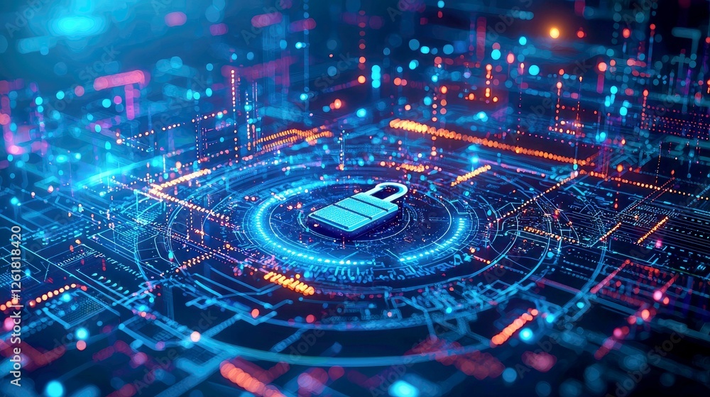 Poster digital security: abstract network and padlock. futuristic concept of cybersecurity and data protect