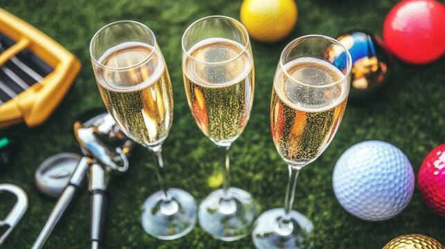 Three Glasses of Sparkling Wine on Green Grass with Golf Balls
