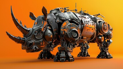 Mechanical Rhino:  A futuristic, metallic rhinoceros, crafted with intricate details, stands imposingly against an orange backdrop. This 3D rendered image is a perfect blend of power and technology.