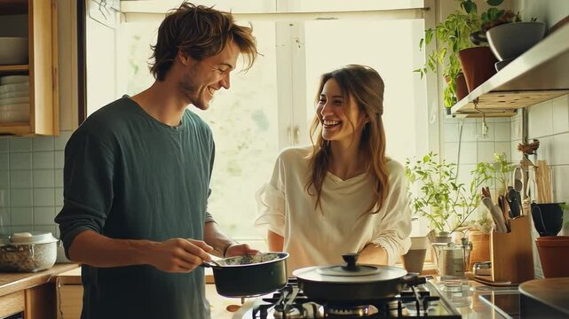 Couple Cooking Together:  A loving couple enjoys a moment of intimacy as they cook together in their kitchen, sharing laughter and connection while preparing a meal.
