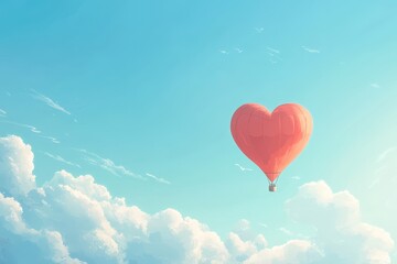 Fototapeta premium Heart Shaped Hot Air Balloon Floating Above Fluffy White Clouds In A Bright Blue Sky