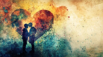 Fototapeta premium Colorful Silhouette Couple Embracing Heart Art