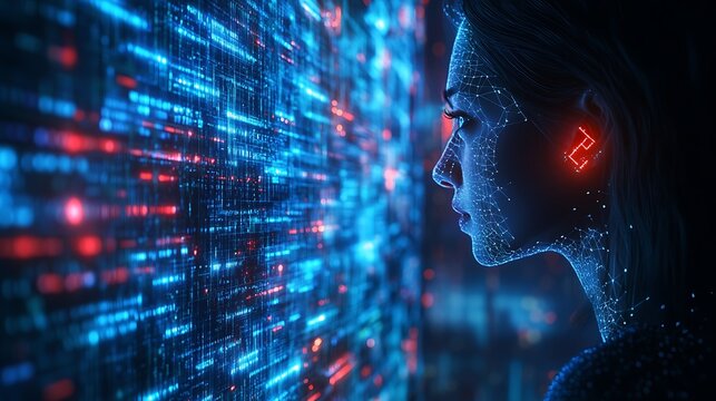 A cyber-enhanced financial expert reviewing blockchain business models on a floating holographic display, infused with neural network patterns and digital innovation waves, deep futuristic ambiance.