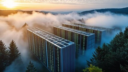 Mysterious Data Center: A surreal aerial view captures a row of towering data center buildings shrouded in ethereal mist, with a picturesque mountain range as a backdrop. - Powered by Adobe