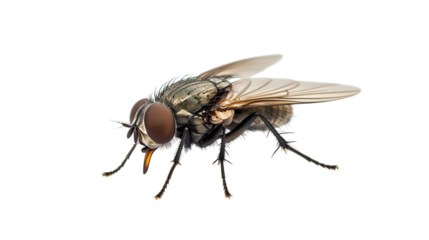 Close-up of a uniquely colored fly, featuring a bright yellow face and a striking red nose on transparent png background. Ai generated