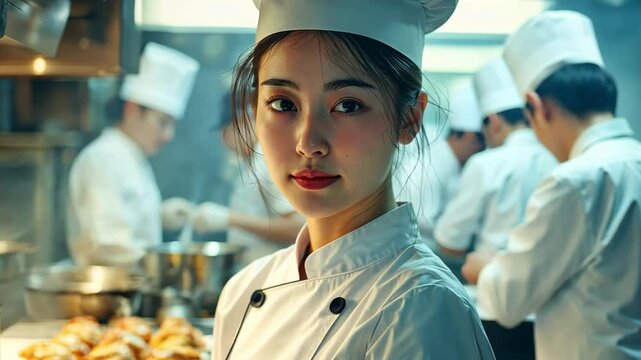 Chef's Determination: A focused female chef with a serious expression stares intently at the camera, her pristine white uniform and tall chef's hat reflecting the vibrant hues of the busy kitchen.