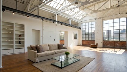 Fototapeta premium A bright, modern living space featuring a spacious sofa, large windows, and minimalist decor, highlighting an airy and open atmosphere.