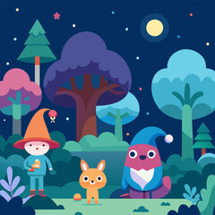 Naklejka premium Mysterious enchanted forest wallpaper for kids. Childish vector of a magic woodland, cute colorful forest cartoon.