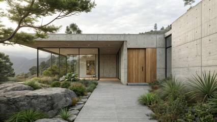 Fototapeta premium A modern concrete house blends seamlessly with its natural surroundings, featuring a minimalist design and lush landscaping.