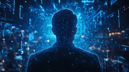 A futuristic CEO analyzing data on a holographic interface, overlaid with interconnected global business networks, deep blue cyber lighting, hyper-realistic textures, cinematic glow. --ar 16:9