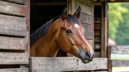 Obraz premium Majestic Brown Horse Gazing from its Wooden Stable. A Captivating Portrait of Equine Beauty in a Rustic Setting