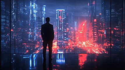 A global enterprise leader standing in a high-tech conference room, blended with a futuristic smart city skyline and AI-powered transportation networks, deep cyber-blue hues,