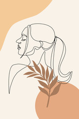 Boho minimalist of Woman Face Portrait Continuous One Line Drawing. Female Portrait Beautifull Outline Drawing Line Art in Bohemian style.